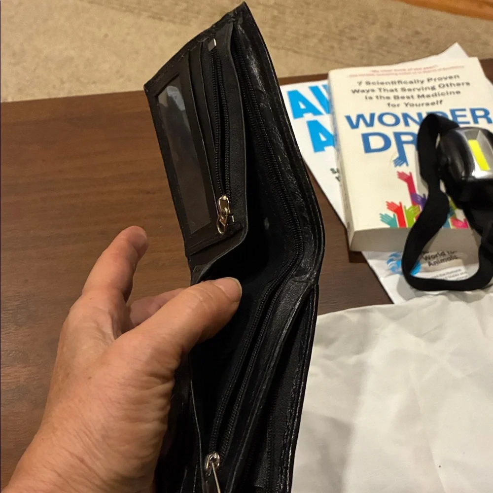Black Leather Wallet Genuine Leather Billfold With zipper Pockets  Snap Closure